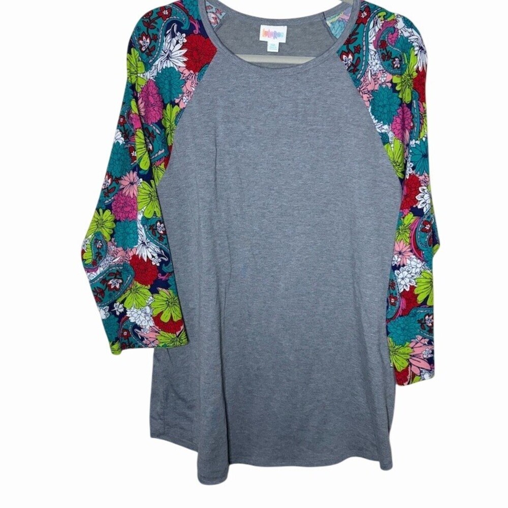 LuLaRoe Randy Tunic Top Womens 2XL Gray Paisley Floral Raglan 3/4 Sleeve